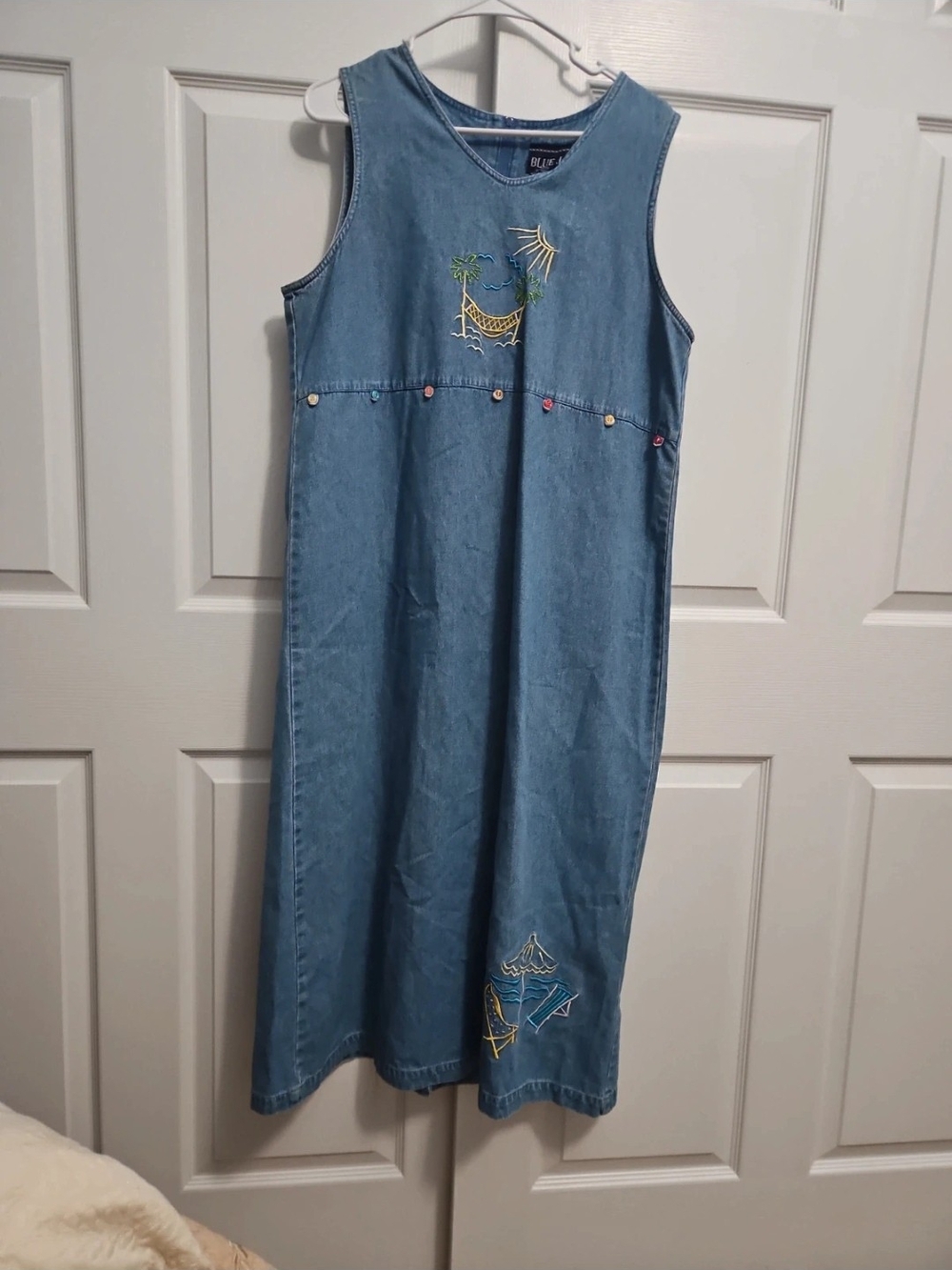 Women's Light Blue Denim Sleeveless Dress with Embroidered Motifs